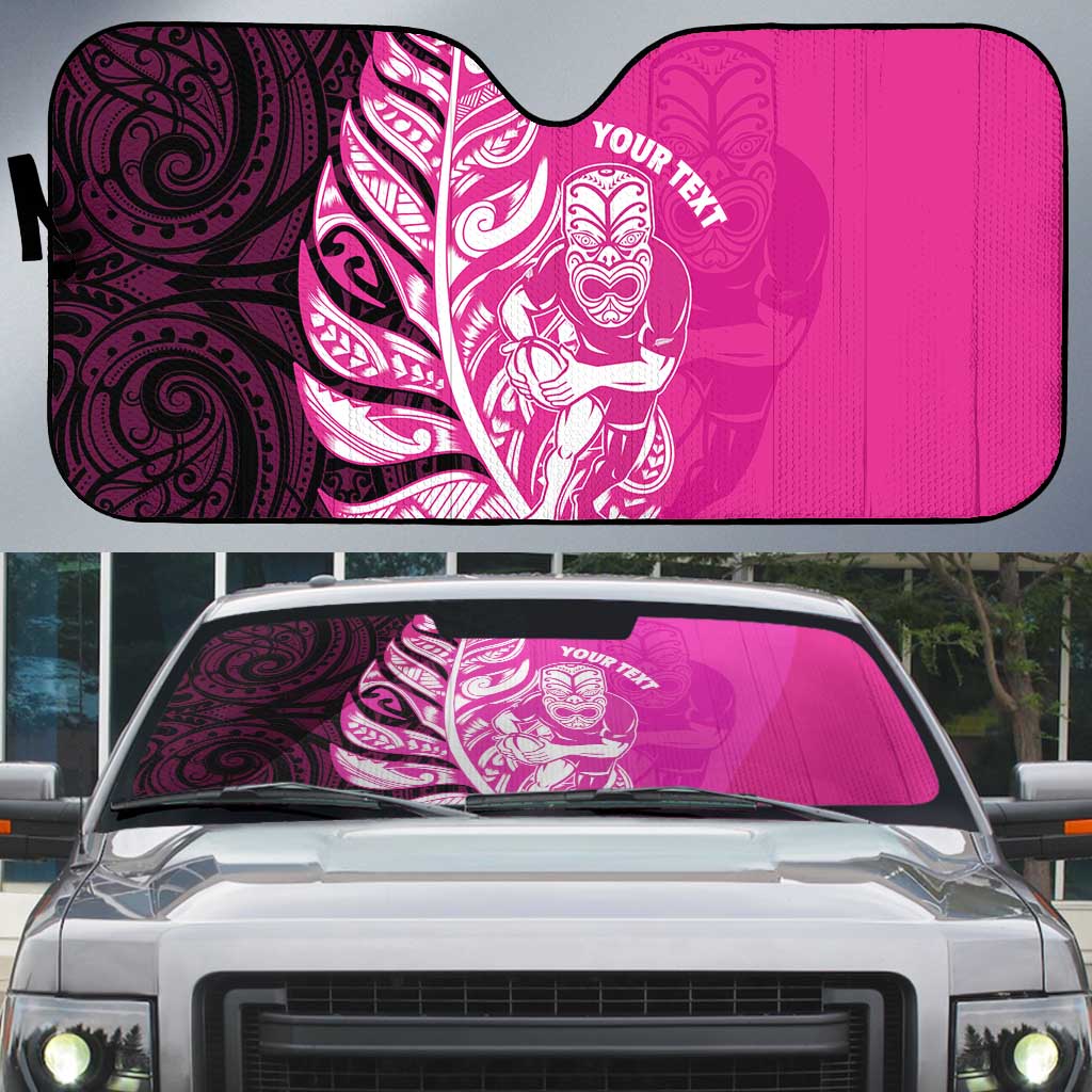 New Zealand Silver Fern Rugby Custom Auto Sun Shade All Black Maori Pattern Pink - Polynesian Pride