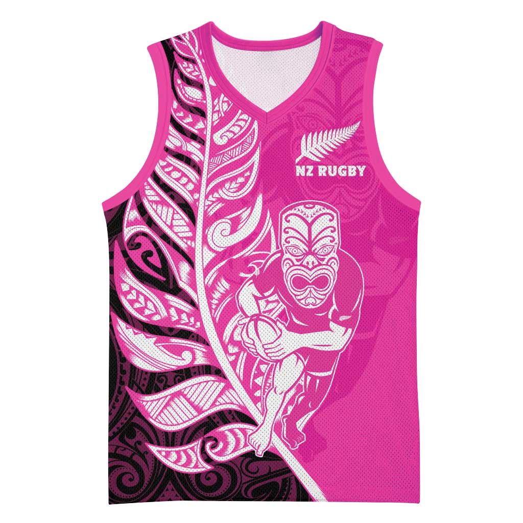 New Zealand Silver Fern Rugby Custom Basketball Jersey All Black Maori Pattern Pink - Polynesian Pride