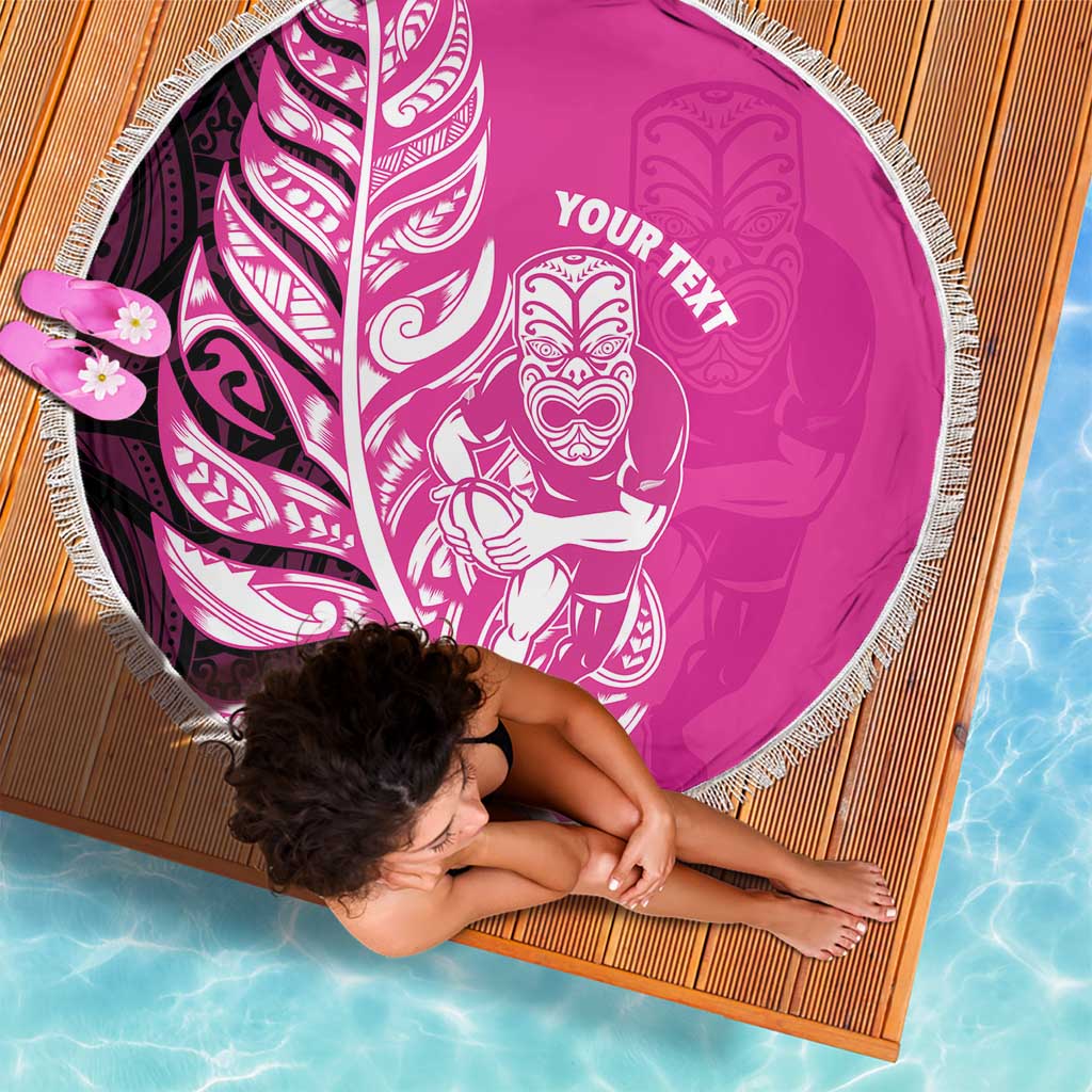 New Zealand Silver Fern Rugby Custom Beach Blanket All Black Maori Pattern Pink - Polynesian Pride