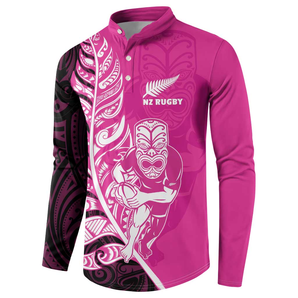 New Zealand Silver Fern Rugby Custom Button Sweatshirt All Black Maori Pattern Pink - Polynesian Pride