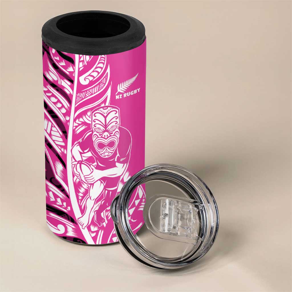 New Zealand Silver Fern Rugby Custom 4 in 1 Can Cooler Tumbler All Black Maori Pattern Pink - Polynesian Pride