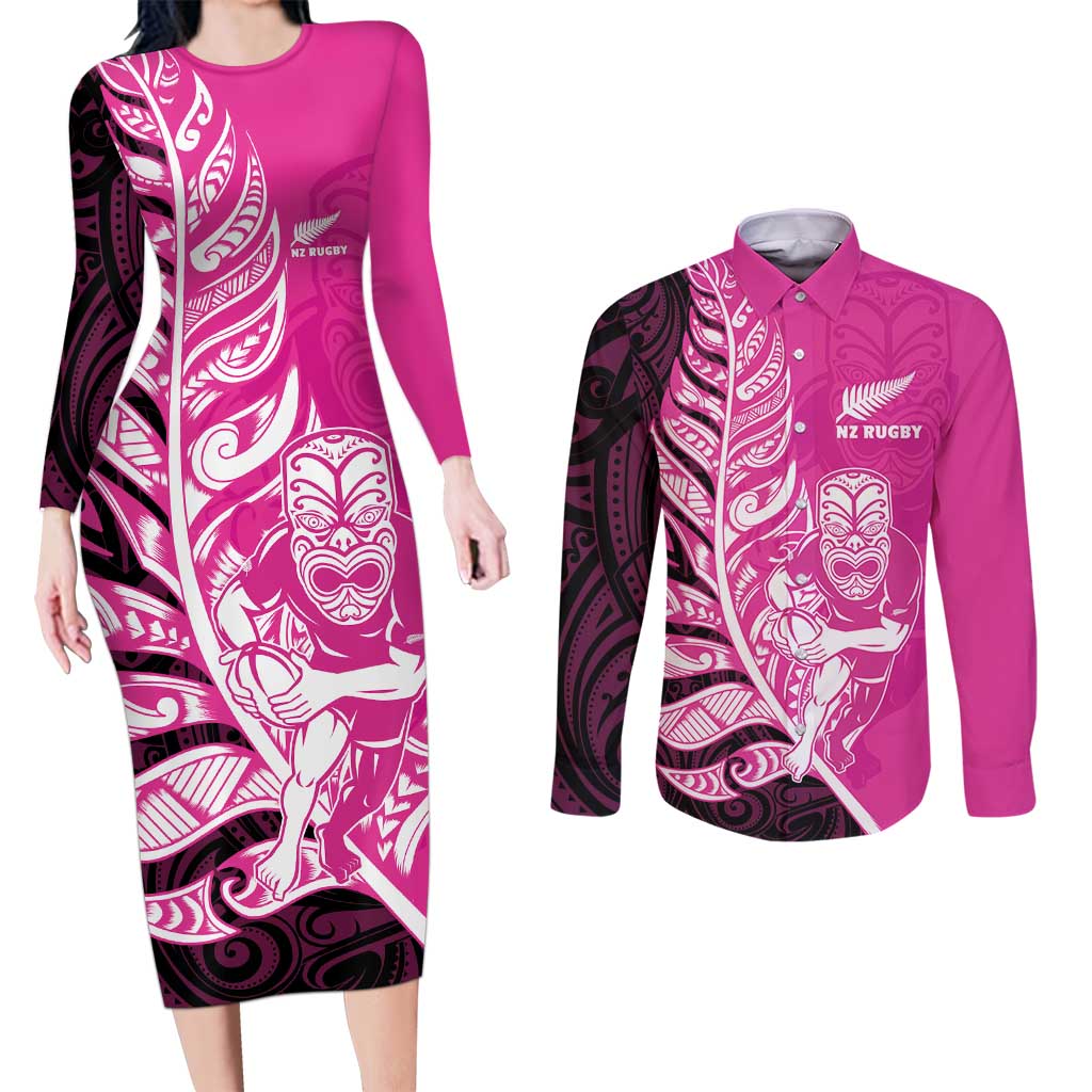 New Zealand Silver Fern Rugby Custom Couples Matching Long Sleeve Bodycon Dress and Long Sleeve Button Shirt All Black Maori Pattern Pink - Polynesian Pride
