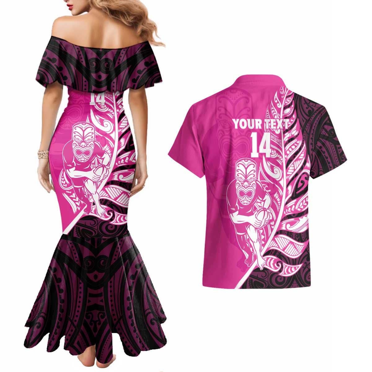 New Zealand Silver Fern Rugby Custom Couples Matching Mermaid Dress and Hawaiian Shirt All Black Maori Pattern Pink - Polynesian Pride