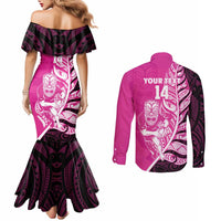 New Zealand Silver Fern Rugby Custom Couples Matching Mermaid Dress and Long Sleeve Button Shirt All Black Maori Pattern Pink - Polynesian Pride