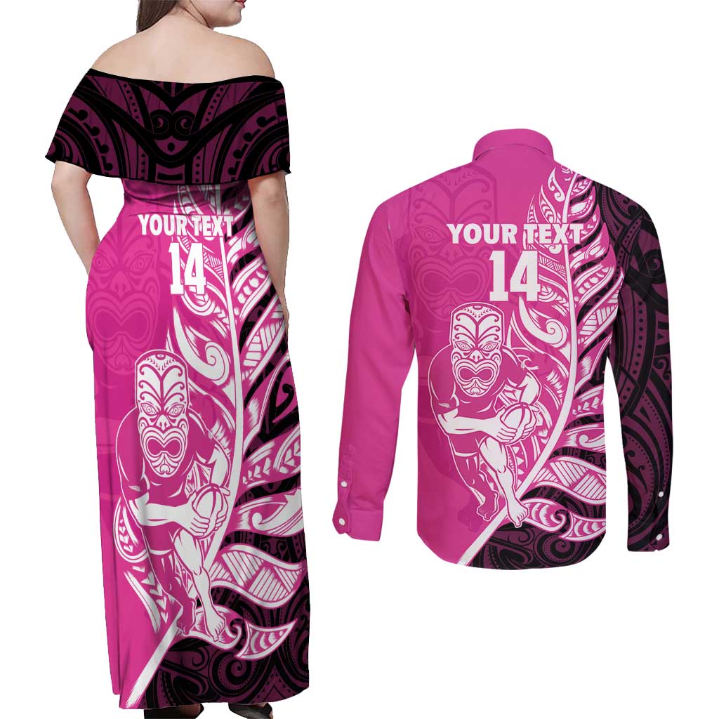 New Zealand Silver Fern Rugby Custom Couples Matching Off Shoulder Maxi Dress and Long Sleeve Button Shirt All Black Maori Pattern Pink - Polynesian Pride