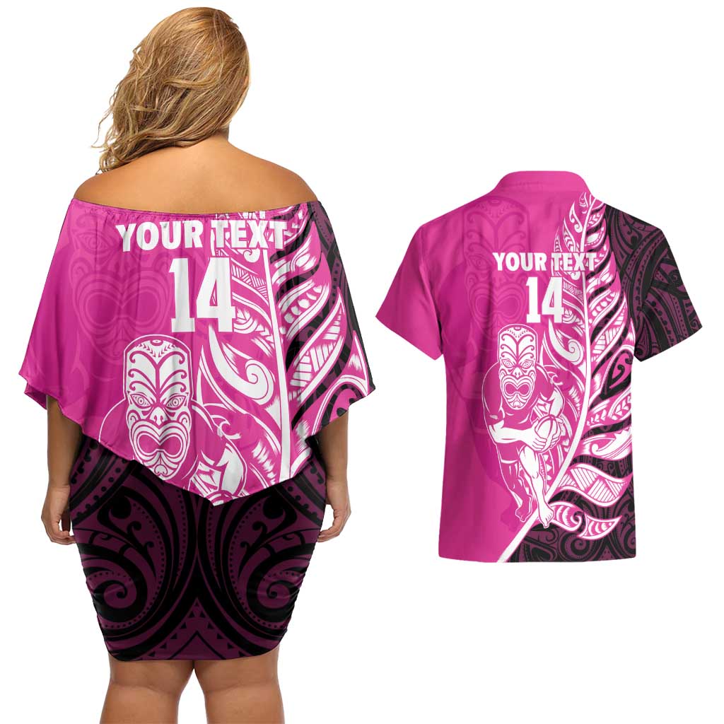 New Zealand Silver Fern Rugby Custom Couples Matching Off Shoulder Short Dress and Hawaiian Shirt All Black Maori Pattern Pink - Polynesian Pride