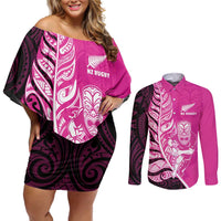 New Zealand Silver Fern Rugby Custom Couples Matching Off Shoulder Short Dress and Long Sleeve Button Shirt All Black Maori Pattern Pink - Polynesian Pride