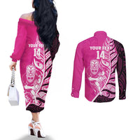 New Zealand Silver Fern Rugby Custom Couples Matching Off The Shoulder Long Sleeve Dress and Long Sleeve Button Shirt All Black Maori Pattern Pink - Polynesian Pride