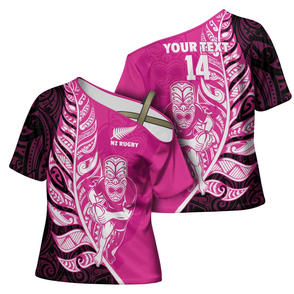 New Zealand Silver Fern Rugby Custom Cross Shoulder Shirt All Black Maori Pattern Pink - Polynesian Pride