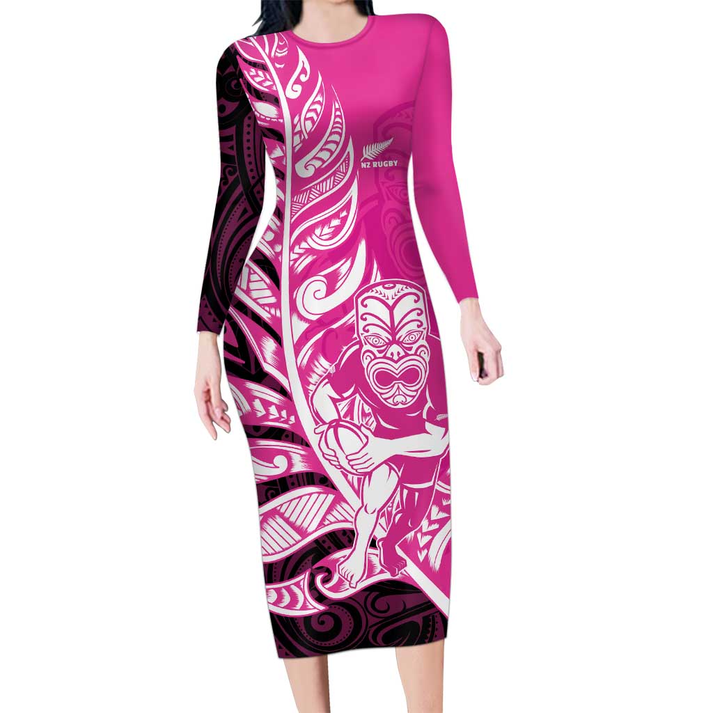 New Zealand Silver Fern Rugby Custom Family Matching Long Sleeve Bodycon Dress and Hawaiian Shirt All Black Maori Pattern Pink - Polynesian Pride