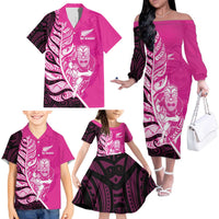New Zealand Silver Fern Rugby Custom Family Matching Off The Shoulder Long Sleeve Dress and Hawaiian Shirt All Black Maori Pattern Pink - Polynesian Pride