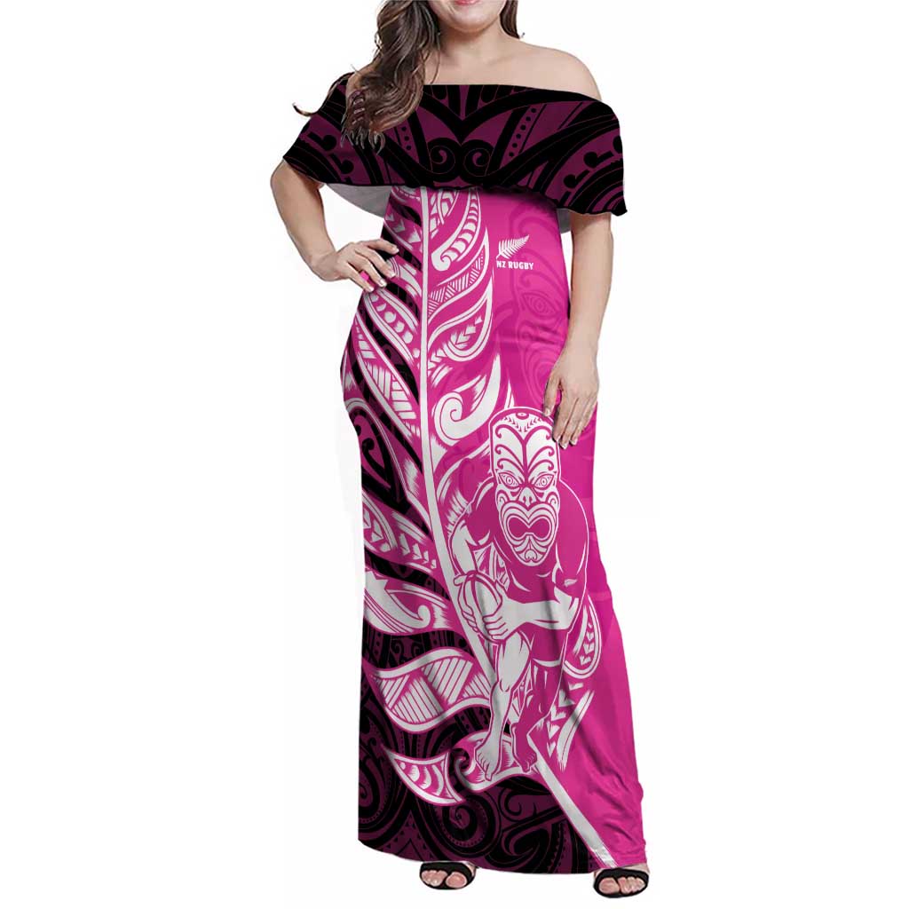 New Zealand Silver Fern Rugby Custom Family Matching Off Shoulder Maxi Dress and Hawaiian Shirt All Black Maori Pattern Pink - Polynesian Pride