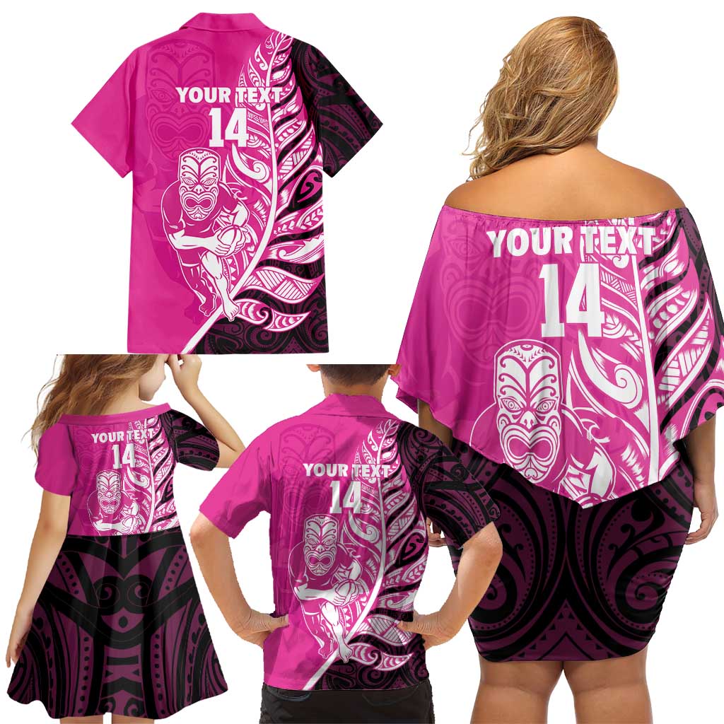 New Zealand Silver Fern Rugby Custom Family Matching Off Shoulder Short Dress and Hawaiian Shirt All Black Maori Pattern Pink - Polynesian Pride
