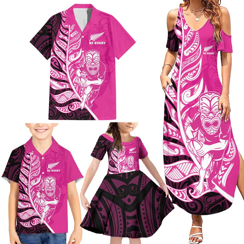 New Zealand Silver Fern Rugby Custom Family Matching Summer Maxi Dress and Hawaiian Shirt All Black Maori Pattern Pink - Polynesian Pride