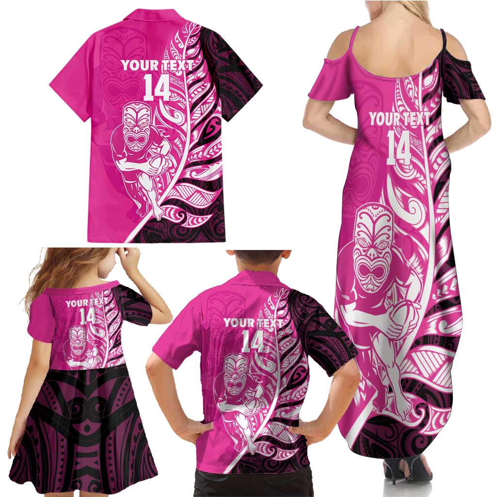 New Zealand Silver Fern Rugby Custom Family Matching Summer Maxi Dress and Hawaiian Shirt All Black Maori Pattern Pink - Polynesian Pride