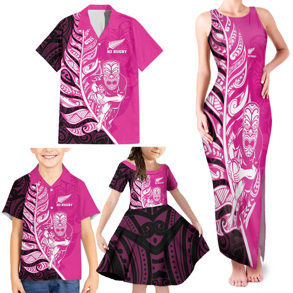 New Zealand Silver Fern Rugby Custom Family Matching Tank Maxi Dress and Hawaiian Shirt All Black Maori Pattern Pink - Polynesian Pride