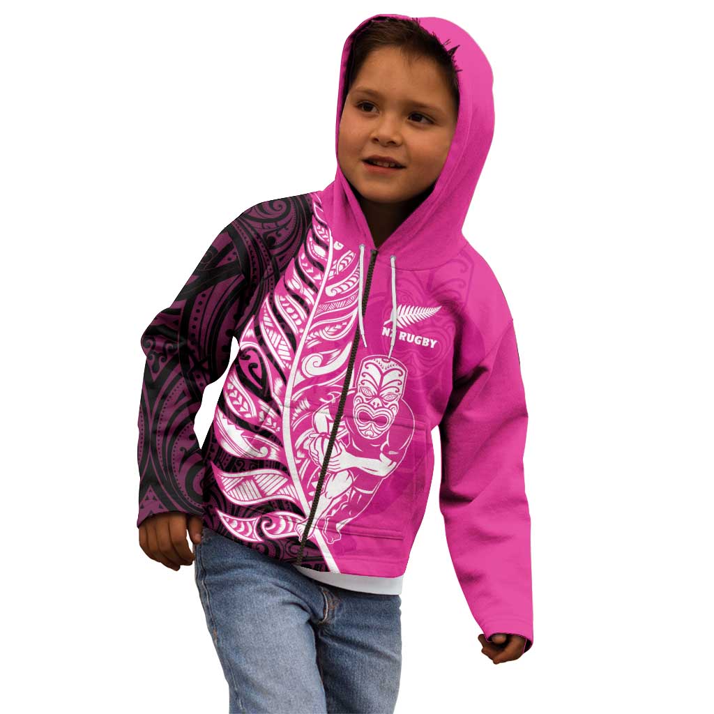 New Zealand Silver Fern Rugby Custom Kid Hoodie All Black Maori Pattern Pink - Polynesian Pride