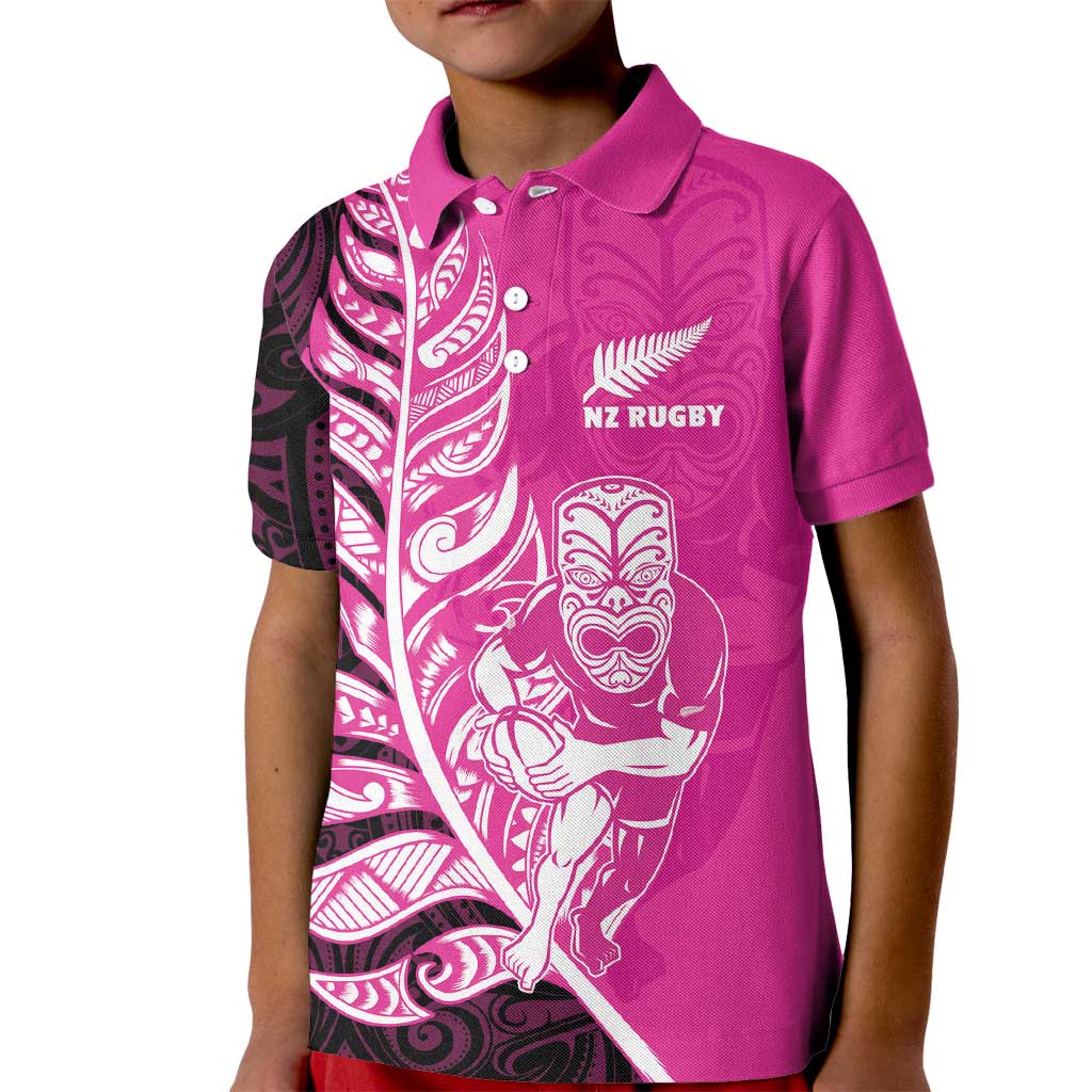 New Zealand Silver Fern Rugby Custom Kid Polo Shirt All Black Maori Pattern Pink - Polynesian Pride