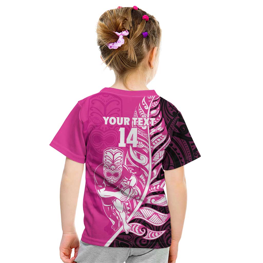 New Zealand Silver Fern Rugby Custom Kid T Shirt All Black Maori Pattern Pink - Polynesian Pride