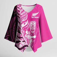 New Zealand Silver Fern Rugby Custom Kimono Sleeve Blouse All Black Maori Pattern Pink - Polynesian Pride