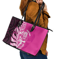 New Zealand Silver Fern Rugby Custom Leather Tote Bag All Black Maori Pattern Pink - Polynesian Pride
