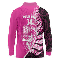 New Zealand Silver Fern Rugby Custom Long Sleeve Polo Shirt All Black Maori Pattern Pink - Polynesian Pride