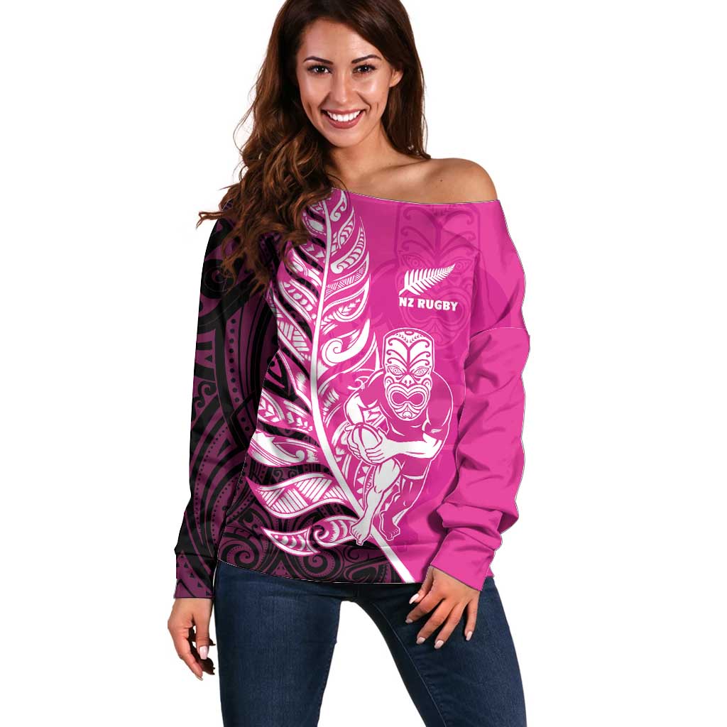 New Zealand Silver Fern Rugby Custom Off Shoulder Sweater All Black Maori Pattern Pink - Polynesian Pride