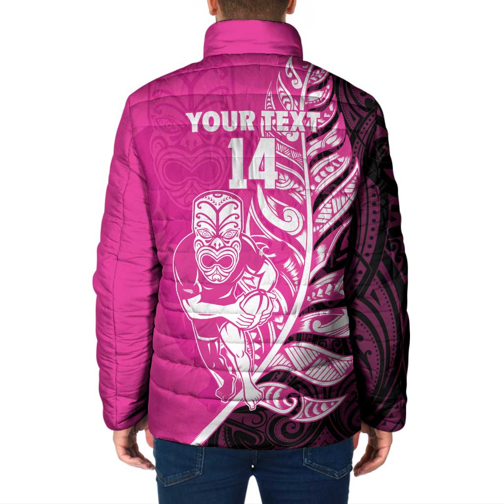 New Zealand Silver Fern Rugby Custom Padded Jacket All Black Maori Pattern Pink - Polynesian Pride