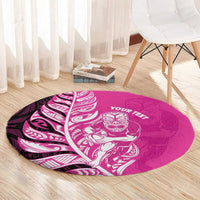New Zealand Silver Fern Rugby Custom Round Carpet All Black Maori Pattern Pink - Polynesian Pride
