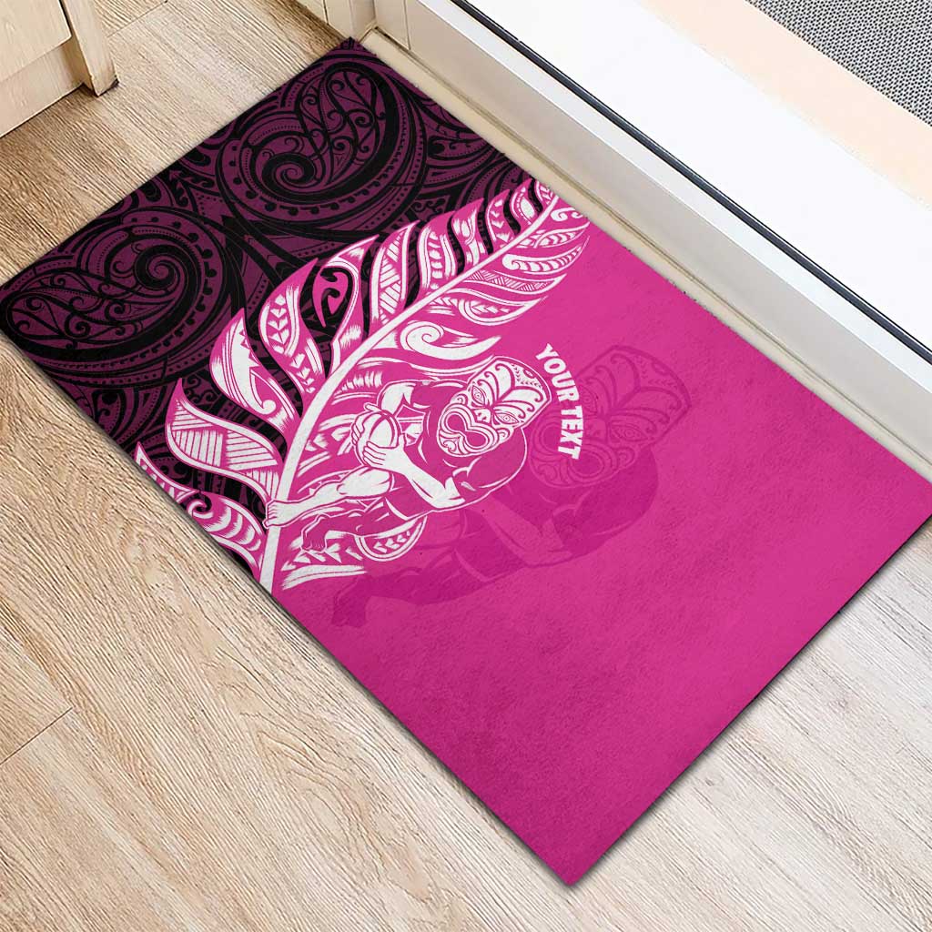 New Zealand Silver Fern Rugby Custom Rubber Doormat All Black Maori Pattern Pink - Polynesian Pride