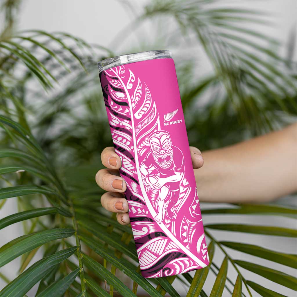 New Zealand Silver Fern Rugby Custom Skinny Tumbler All Black Maori Pattern Pink - Polynesian Pride