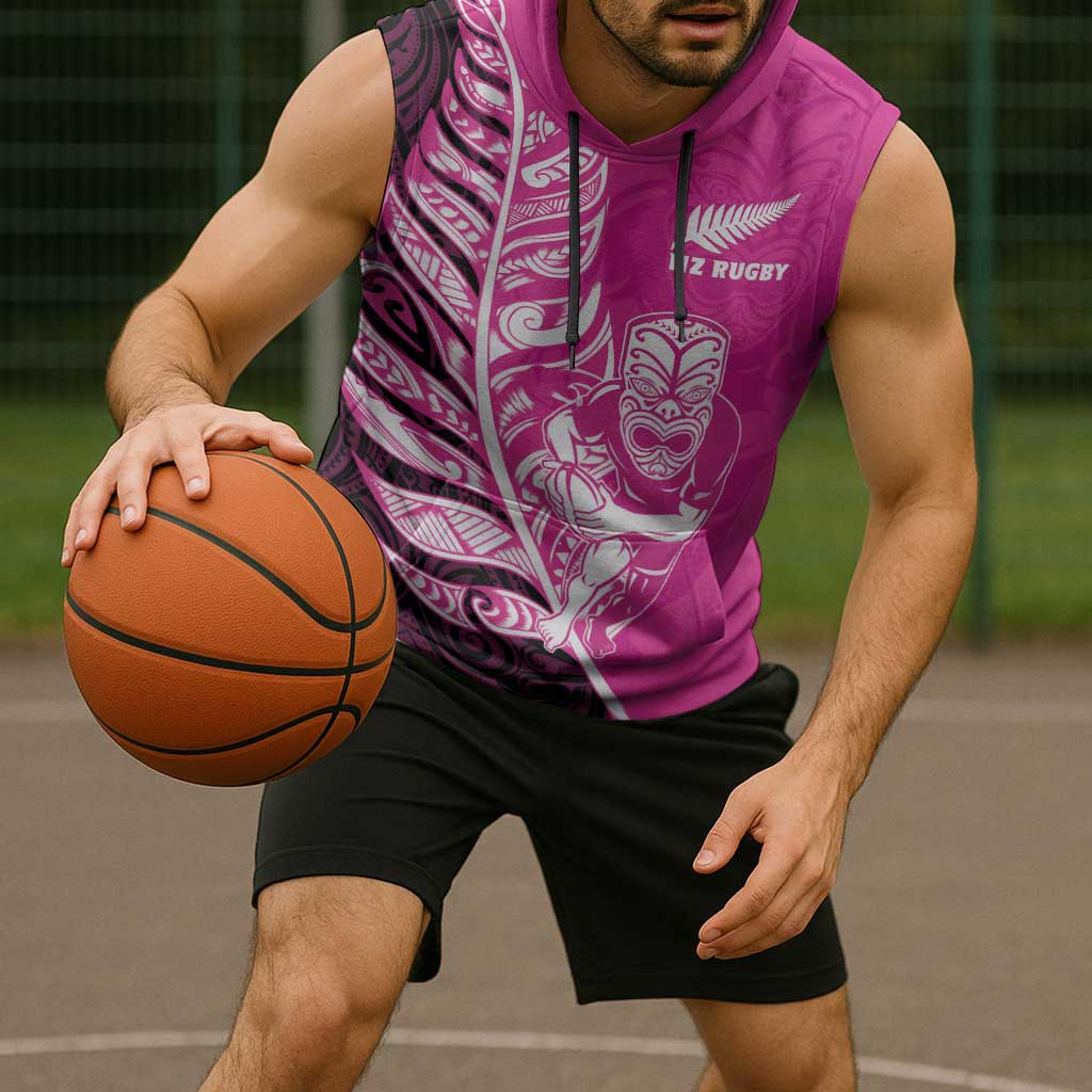New Zealand Silver Fern Rugby Custom Sleeveless Hoodie All Black Maori Pattern Pink - Polynesian Pride