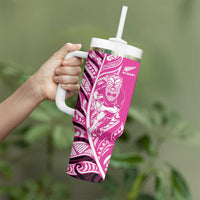 New Zealand Silver Fern Rugby Custom Tumbler With Handle All Black Maori Pattern Pink - Polynesian Pride