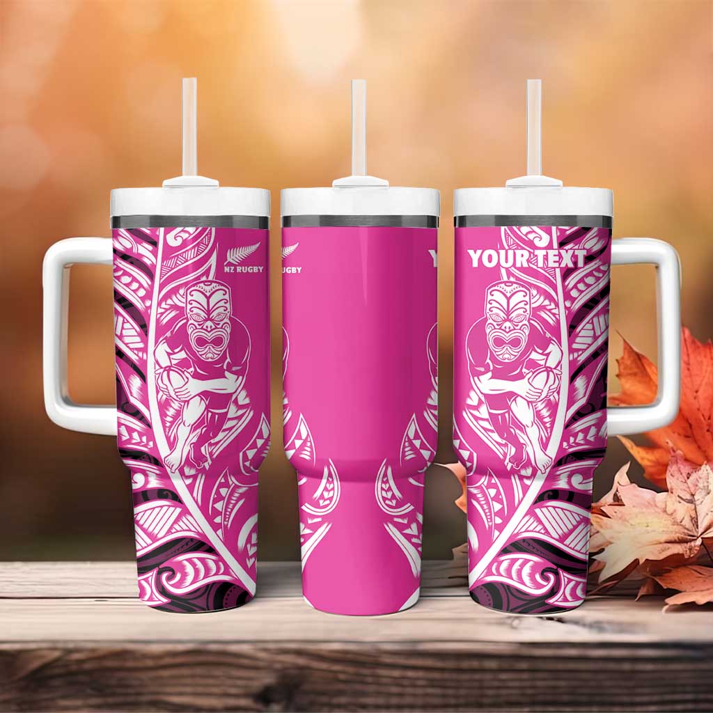 New Zealand Silver Fern Rugby Custom Tumbler With Handle All Black Maori Pattern Pink - Polynesian Pride
