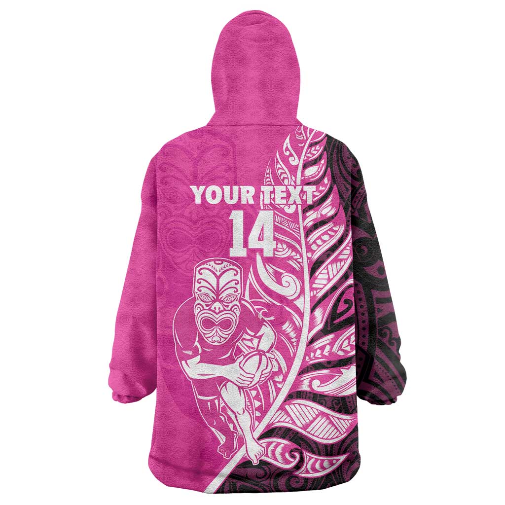 New Zealand Silver Fern Rugby Custom Wearable Blanket Hoodie All Black Maori Pattern Pink - Polynesian Pride