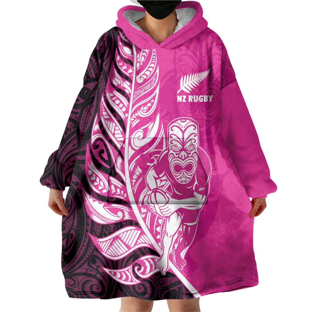 New Zealand Silver Fern Rugby Custom Wearable Blanket Hoodie All Black Maori Pattern Pink - Polynesian Pride