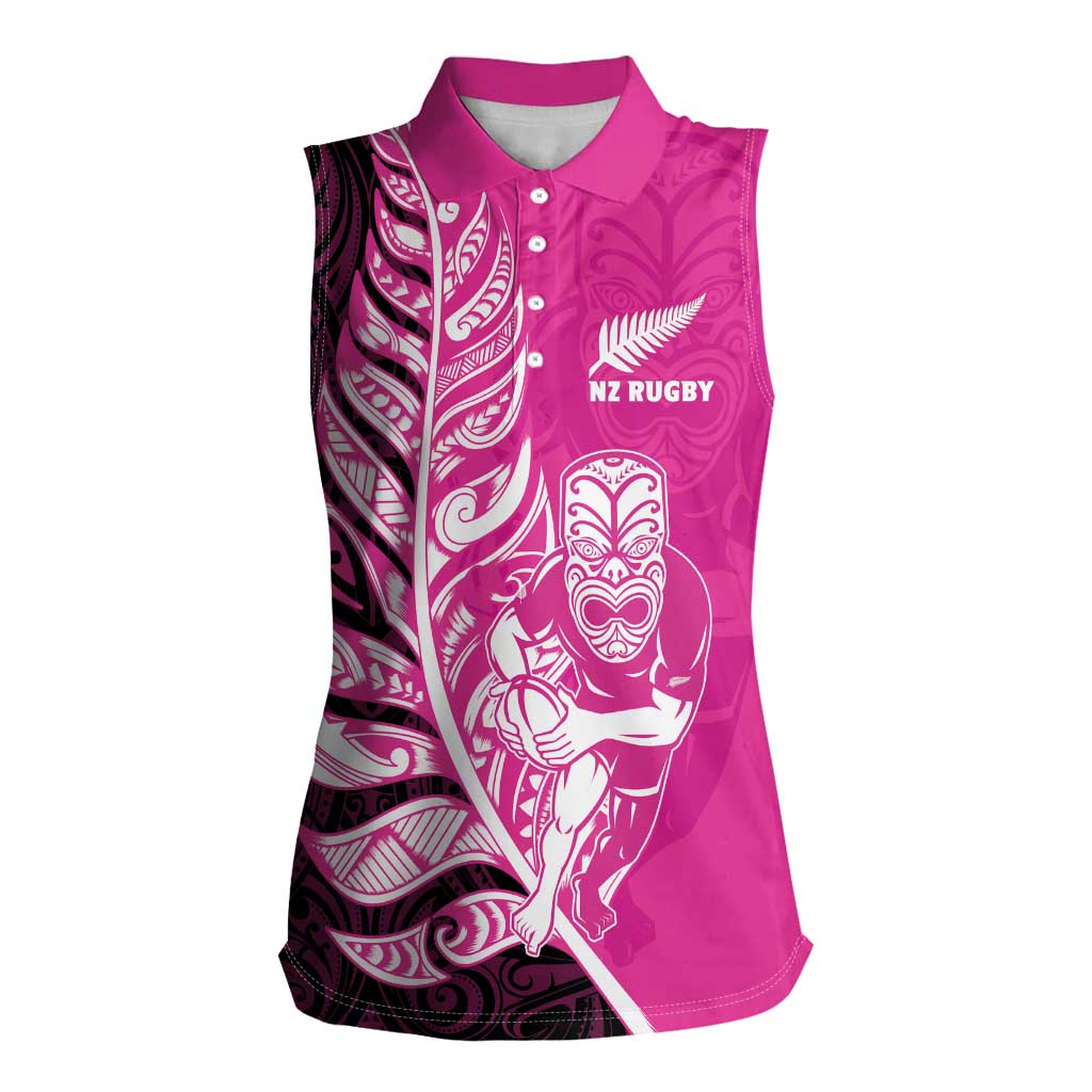 New Zealand Silver Fern Rugby Custom Women Sleeveless Polo Shirt All Black Maori Pattern Pink - Polynesian Pride