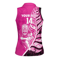 New Zealand Silver Fern Rugby Custom Women Sleeveless Polo Shirt All Black Maori Pattern Pink - Polynesian Pride