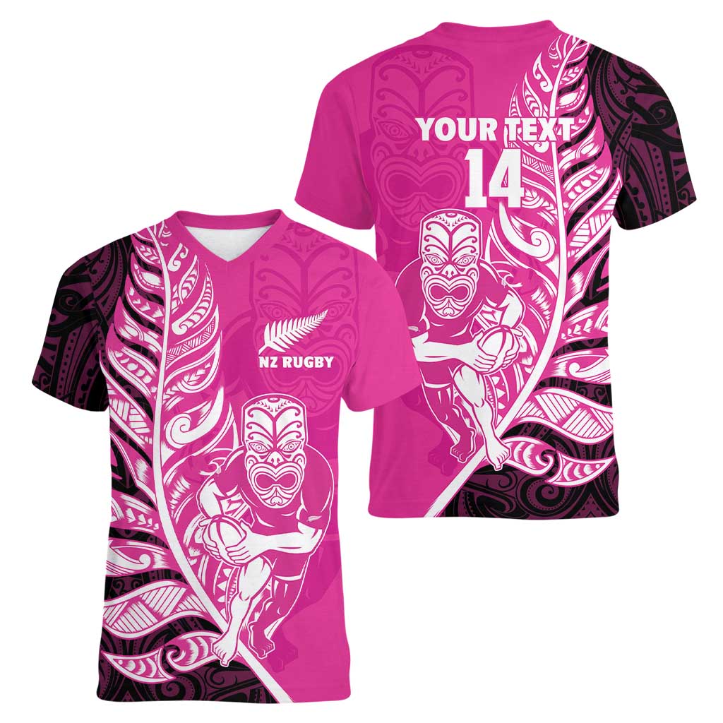 New Zealand Silver Fern Rugby Custom Women V-Neck T-Shirt All Black Maori Pattern Pink - Polynesian Pride