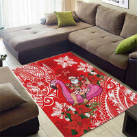 Personalized Hawaii Christmas Area Rug Mele Kalikimaka Chilling Shaka Santa Flamingo - Polynesian Pride