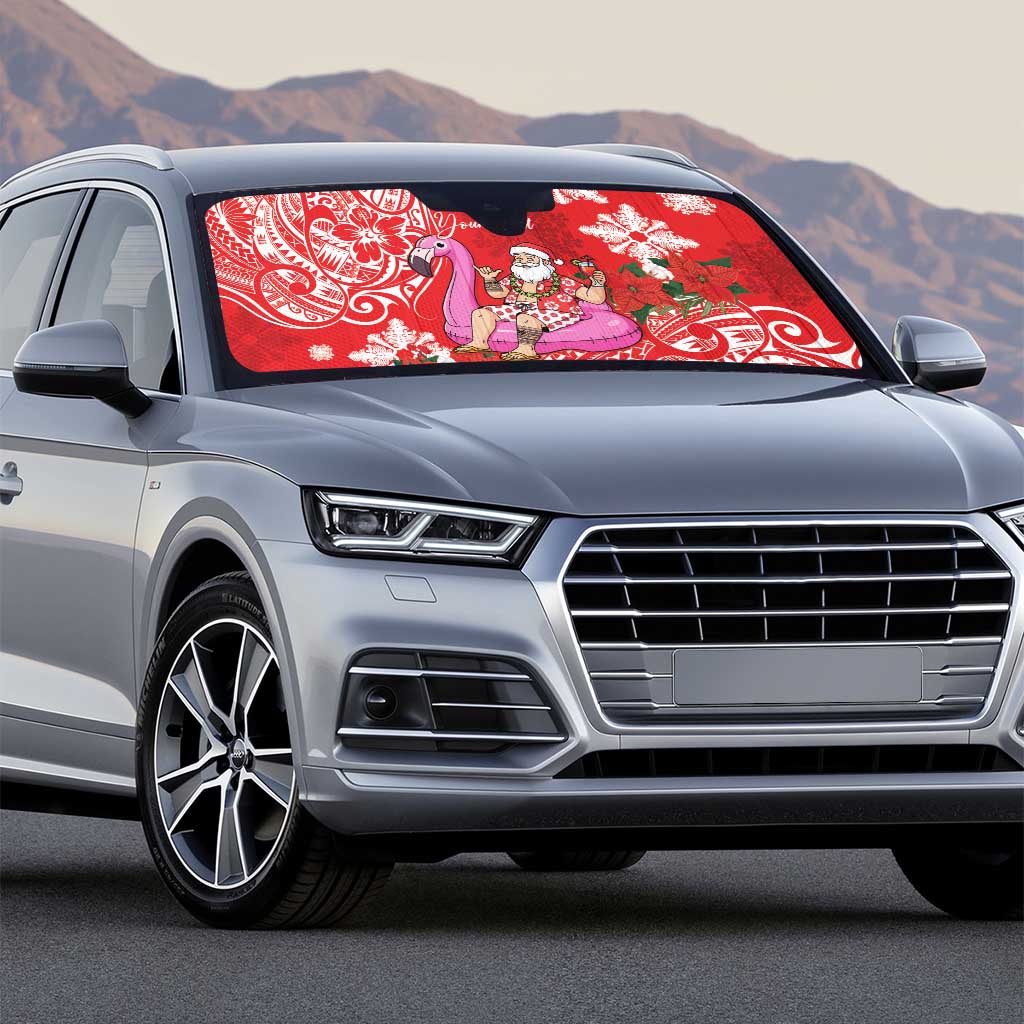 Personalized Hawaii Christmas Auto Sun Shade Mele Kalikimaka Chilling Shaka Santa Flamingo - Polynesian Pride