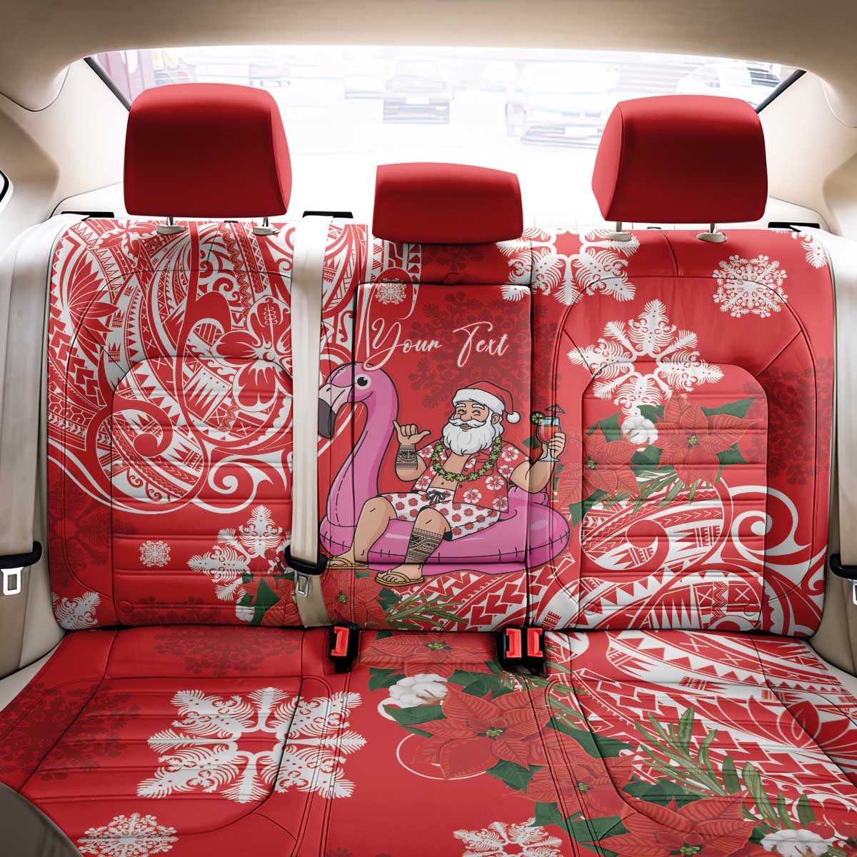 Personalized Hawaii Christmas Back Car Seat Cover Mele Kalikimaka Chilling Shaka Santa Flamingo - Polynesian Pride