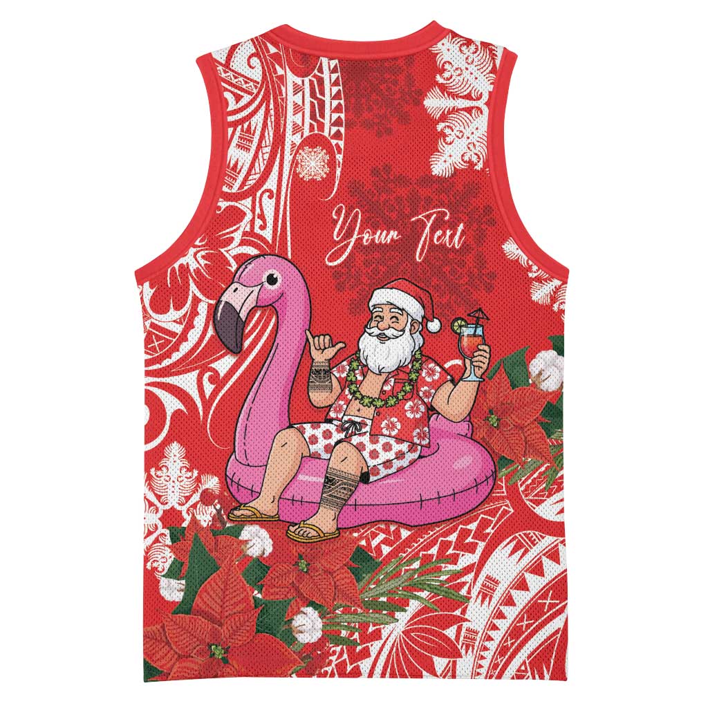 Personalized Hawaii Christmas Basketball Jersey Mele Kalikimaka Chilling Shaka Santa Flamingo - Polynesian Pride