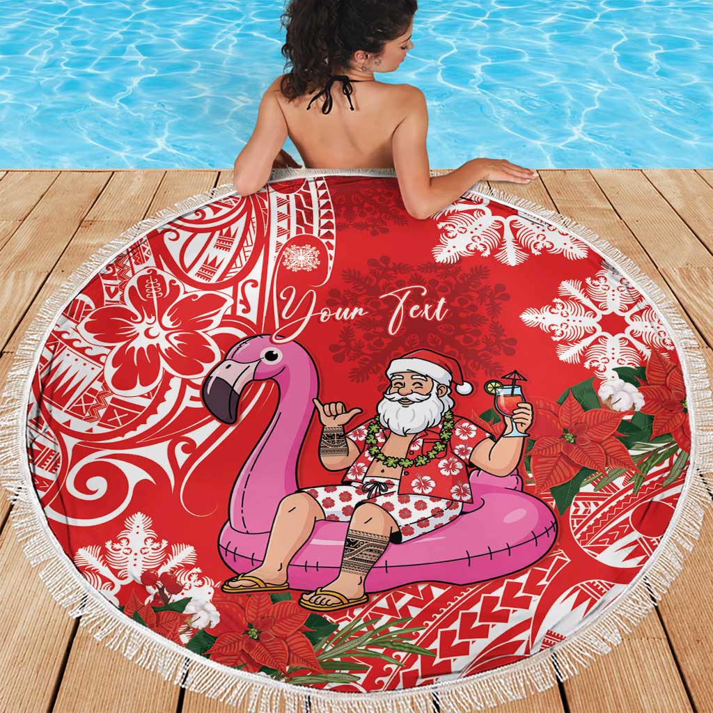 Personalized Hawaii Christmas Beach Blanket Mele Kalikimaka Chilling Shaka Santa Flamingo - Polynesian Pride
