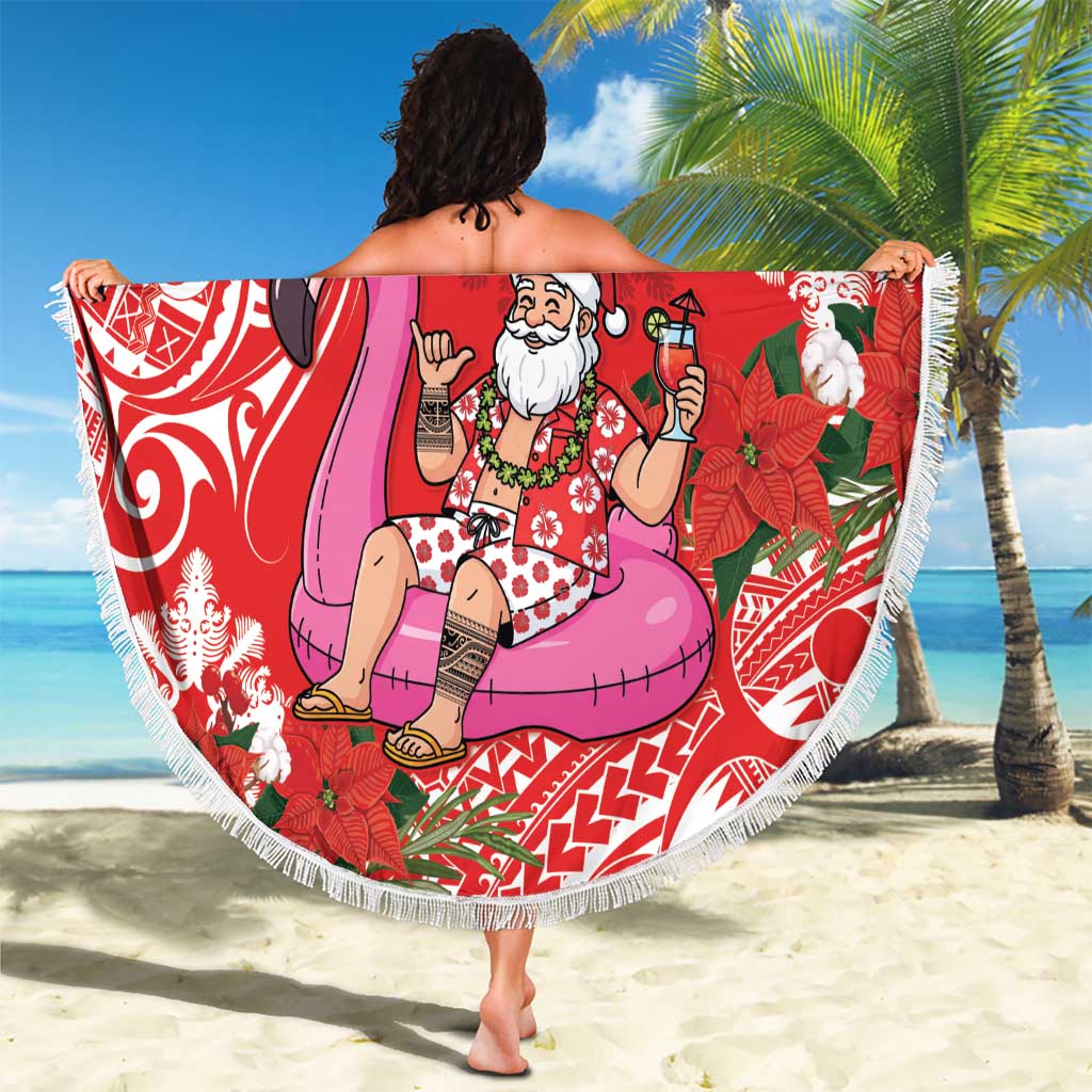 Personalized Hawaii Christmas Beach Blanket Mele Kalikimaka Chilling Shaka Santa Flamingo - Polynesian Pride