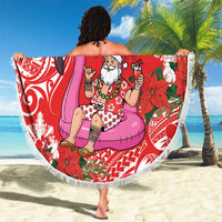 Personalized Hawaii Christmas Beach Blanket Mele Kalikimaka Chilling Shaka Santa Flamingo - Polynesian Pride