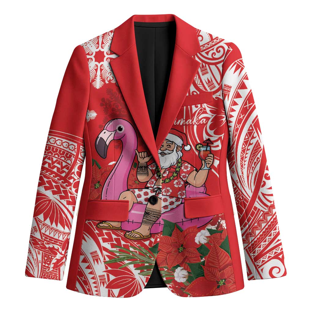 Personalized Hawaii Christmas Blazer Mele Kalikimaka Chilling Shaka Santa Flamingo - Polynesian Pride
