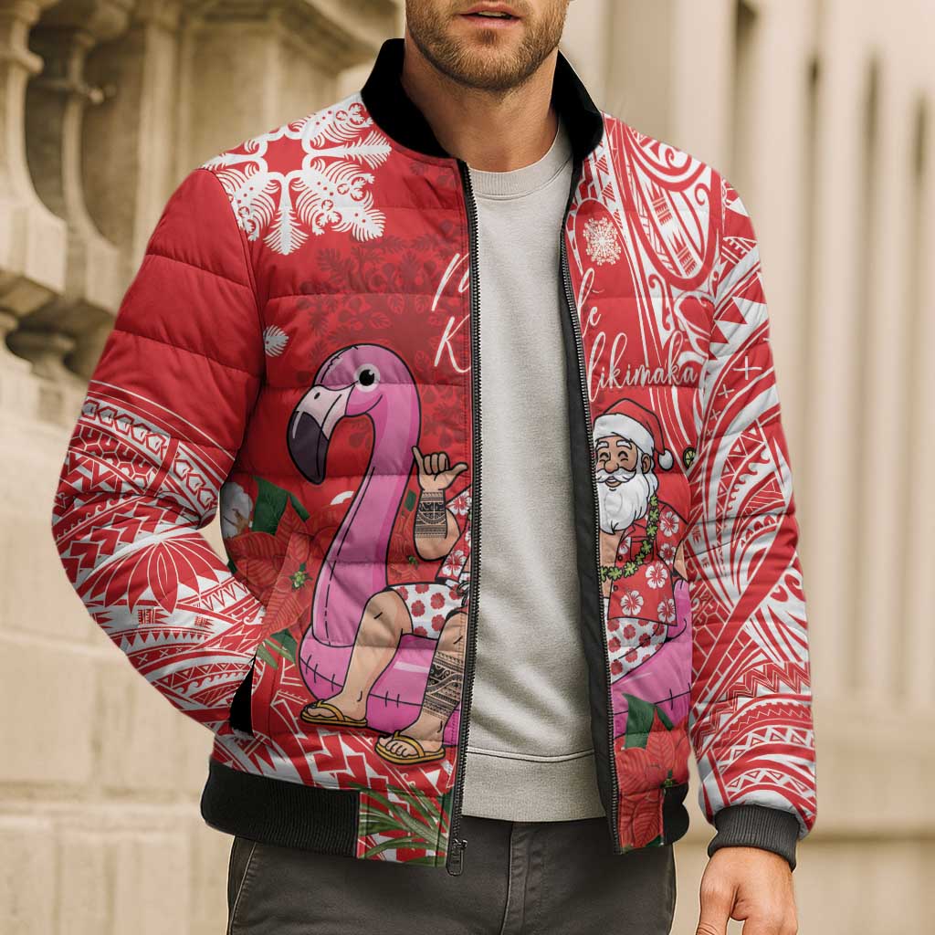 Personalized Hawaii Christmas Bomber Puffer Jacket Mele Kalikimaka Chilling Shaka Santa Flamingo - Polynesian Pride