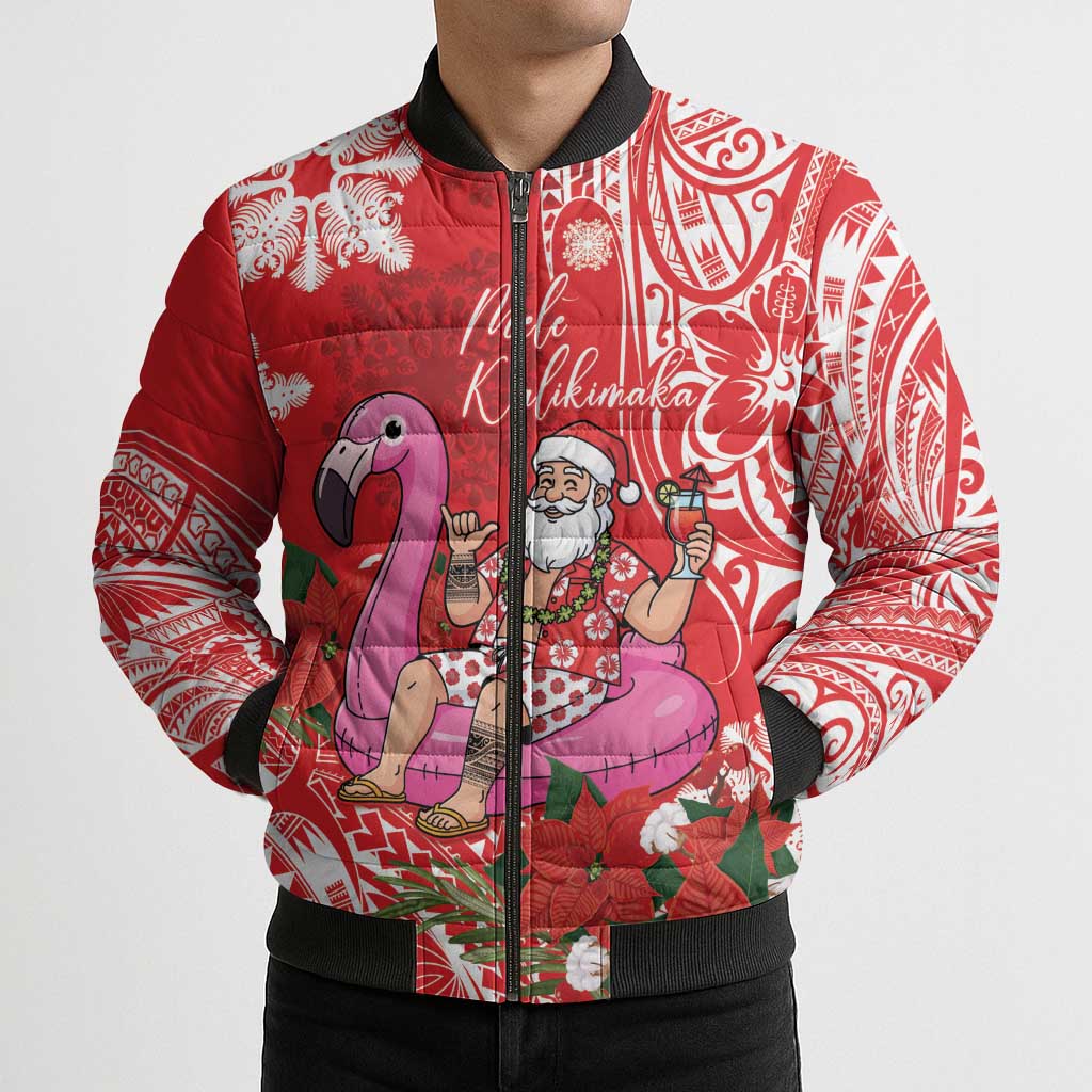 Personalized Hawaii Christmas Bomber Puffer Jacket Mele Kalikimaka Chilling Shaka Santa Flamingo - Polynesian Pride
