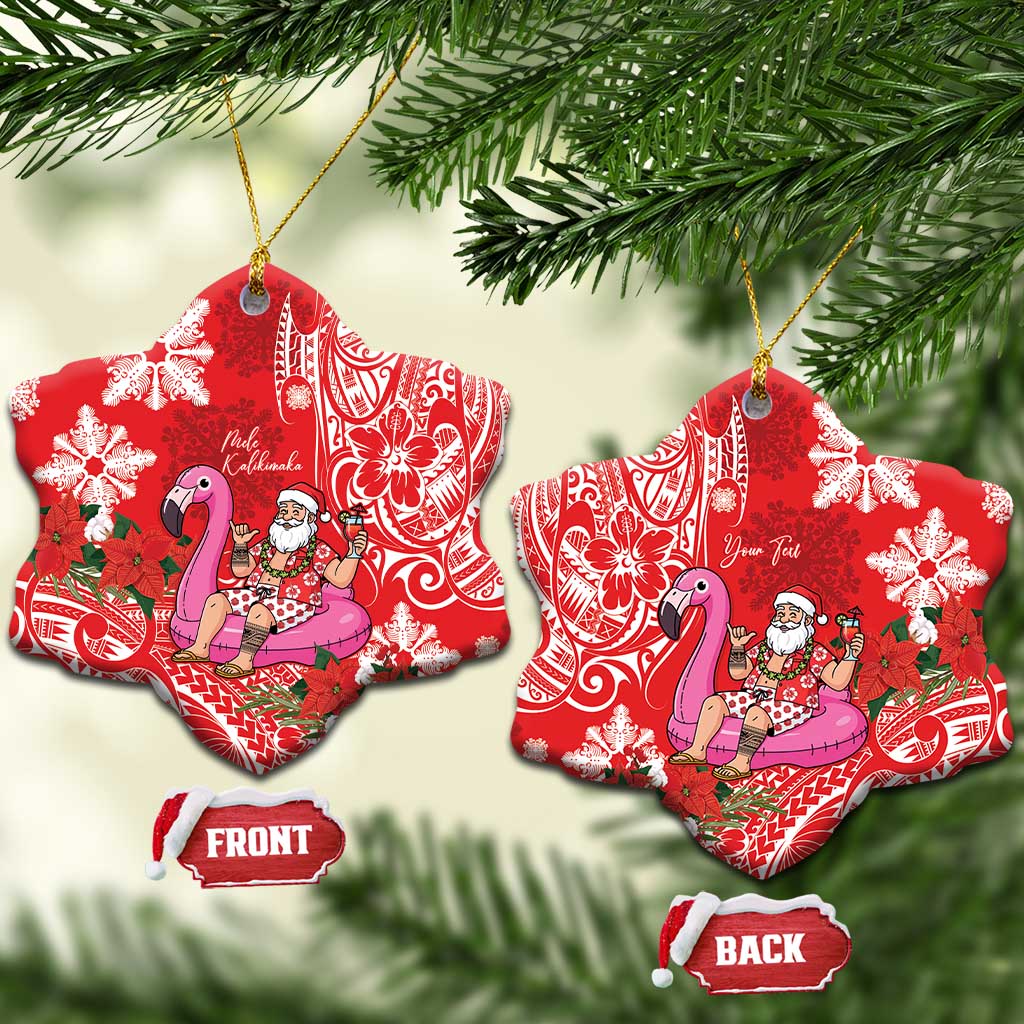 Personalized Hawaii Christmas Ceramic Ornament Mele Kalikimaka Chilling Shaka Santa Flamingo - Polynesian Pride